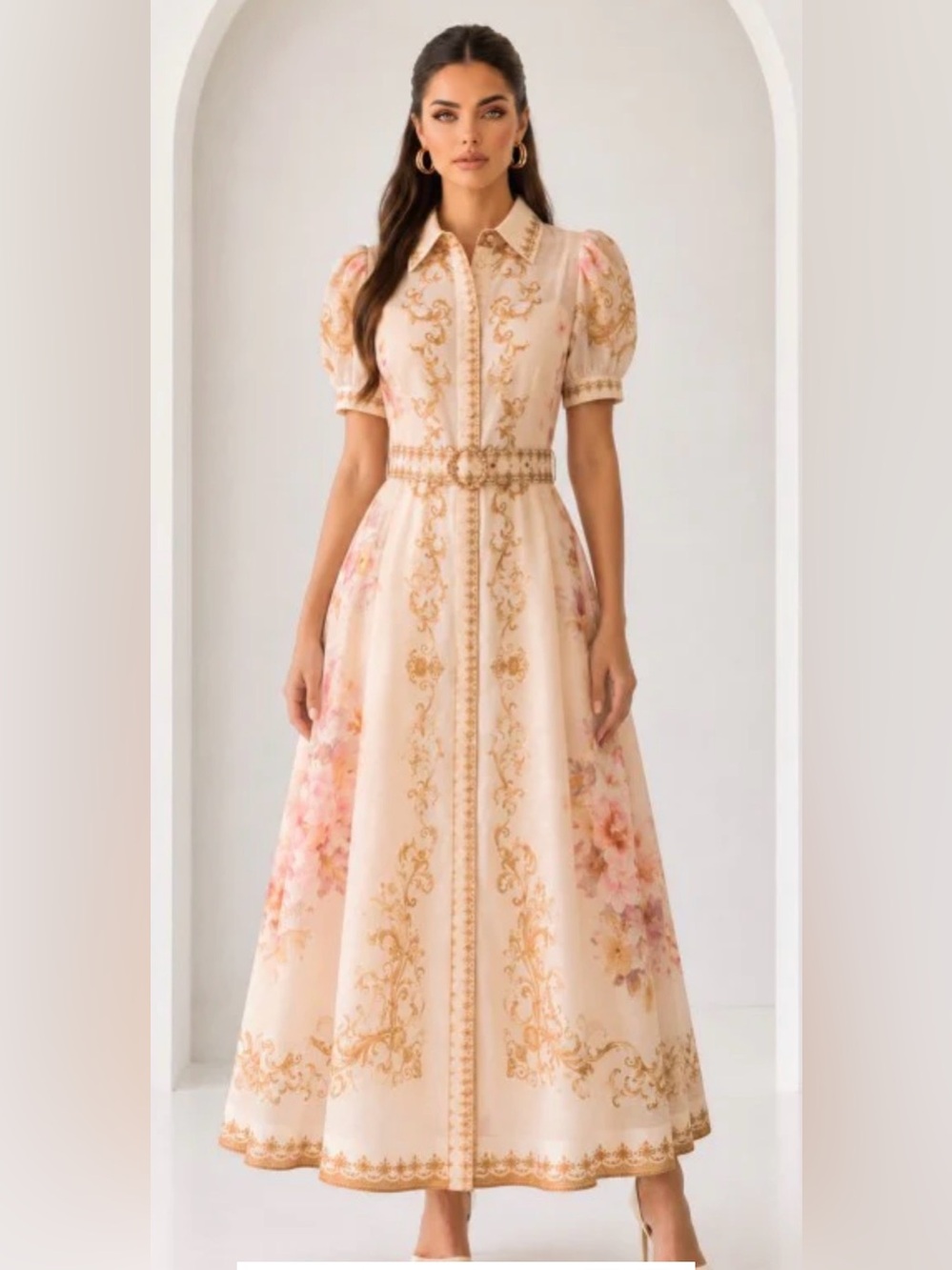 Elegant Cream Floral Belted A-Line Dress